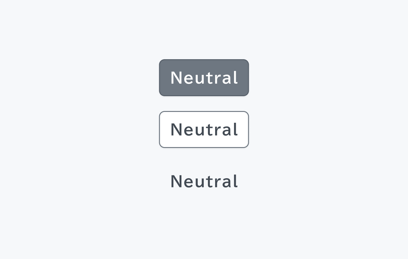 NeutralテーマのButton。グレー色を基調としたSolid、Outline、Ghostの各バリエーションです。