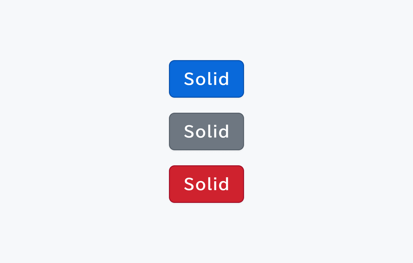 SolidスタイルのButton。Primary（主要アクション用の青い背景）、Neutral（中立的なグレーの背景）、Danger（破壊的アクション用の赤い背景）の3つのテーマによる背景色が付与されたボタンです。