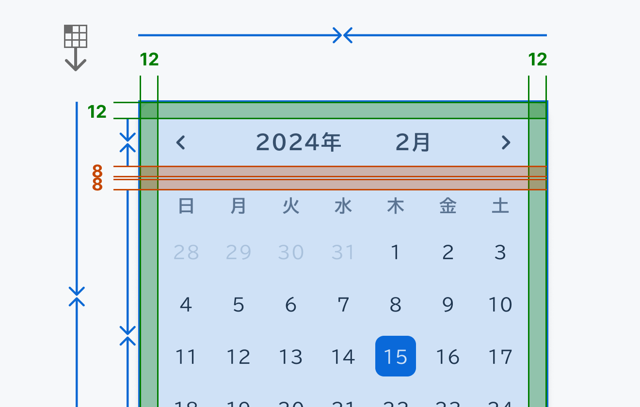 dateビューの寸法仕様を示す図。