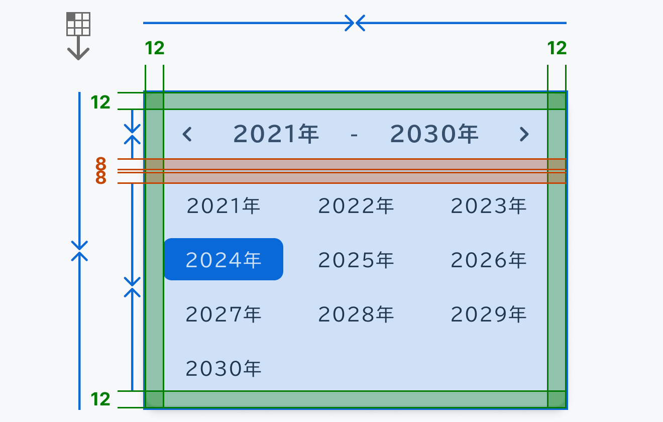 yearビューの寸法仕様を示す図。