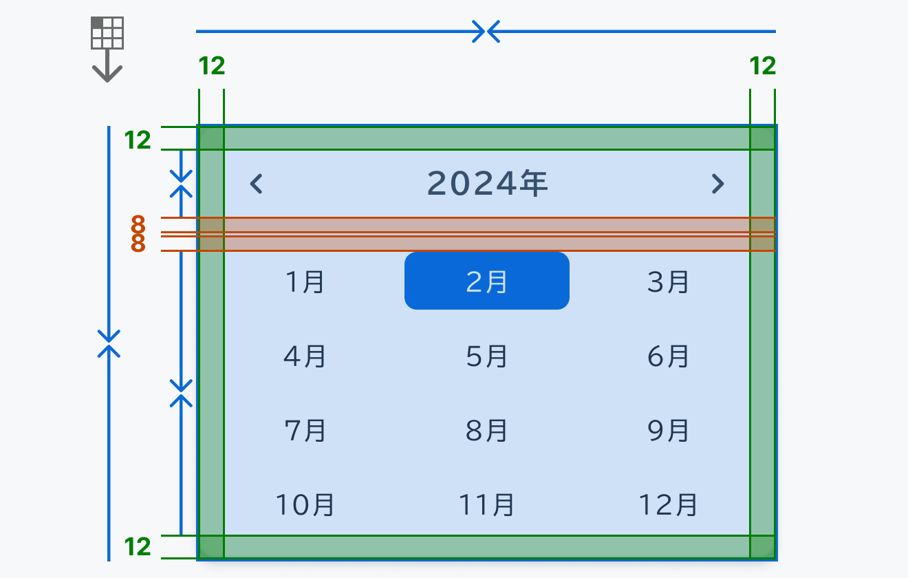 monthビューの寸法仕様を示す図。