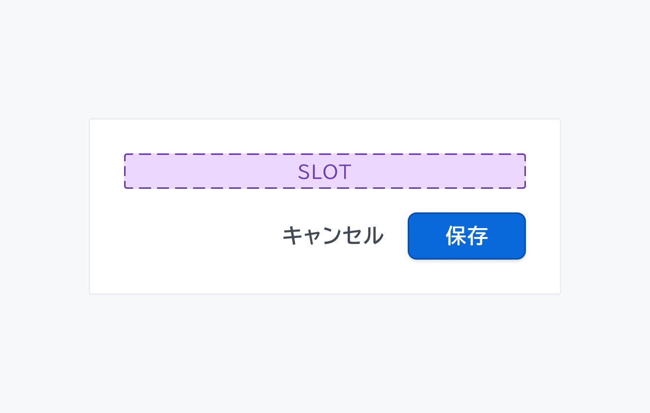 isFooter true のCard。SLOTエリアの下部に「キャンセル」と「保存」ボタンを含むFooterが表示されています。
