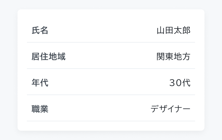 不適切な使用例。「氏名：山田太郎」「居住地域：関東地方」「年代：30代」「職業：デザイナー」という4つの項目がリスト形式で表示され、各項目の間と最後の項目の下にもDividerが配置されています。