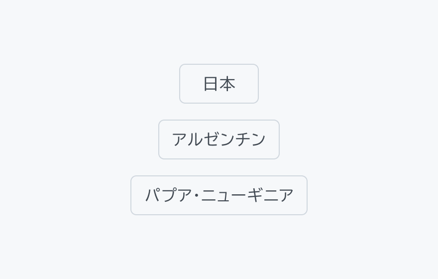 固定幅と全幅の振る舞いを示す図。「日本」「アルゼンチン」「パプア・ニューギニア」という3つのフィルターチップが縦に並んで、表示されています。