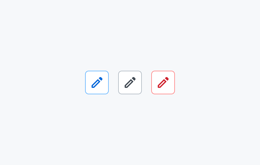 OutlineスタイルのIcon Button。白色の背景に、青色の枠線、グレーの枠線、赤色の枠線の3つのスタイルのアイコンボタンが表示されています。