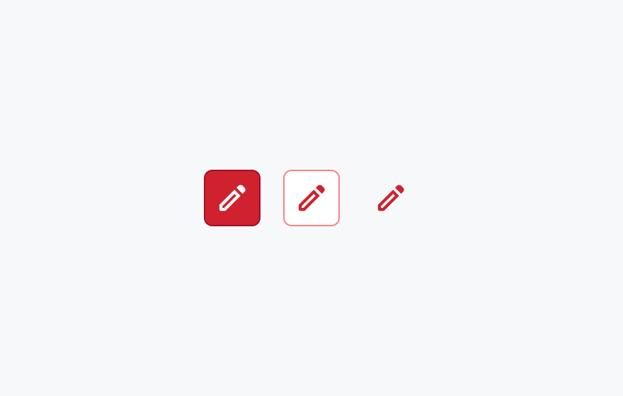 NegativeテーマのIcon Button。Solid（赤色の背景に白色のアイコン）、Outline（赤色の枠線にグレーのアイコン）、Ghost（赤色のアイコンのみ）の3つのアイコンボタンが表示されています。