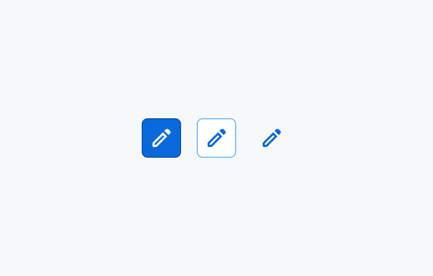 PrimaryテーマのIcon Button。Solid（青色の背景に白色のアイコン）、Outline（青色の枠線にグレーのアイコン）、Ghost（青色のアイコンのみ）の3つのアイコンボタンが表示されています。