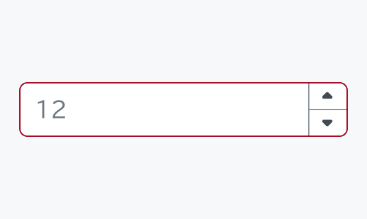 Invalid Hover状態のInput Number。Enable状態より濃い赤い枠線で囲まれた入力フィールド内に「12」という数値と上下矢印のコントローラーが表示されています。