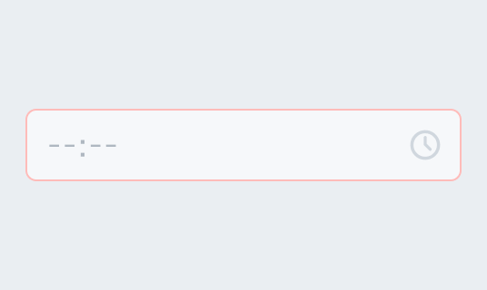 Invalid Disabled状態のInput Time。半透明のグレーの枠線で囲まれた入力フィールド内に半透明の「--:--」というプレースホルダーと時計アイコンが表示されています。