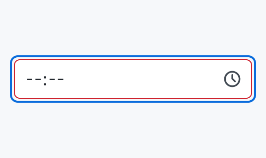 Invalid Focus状態のInput Time。青い枠線で囲まれた入力フィールド内に「--:--」というプレースホルダーと時計アイコンが表示されています。