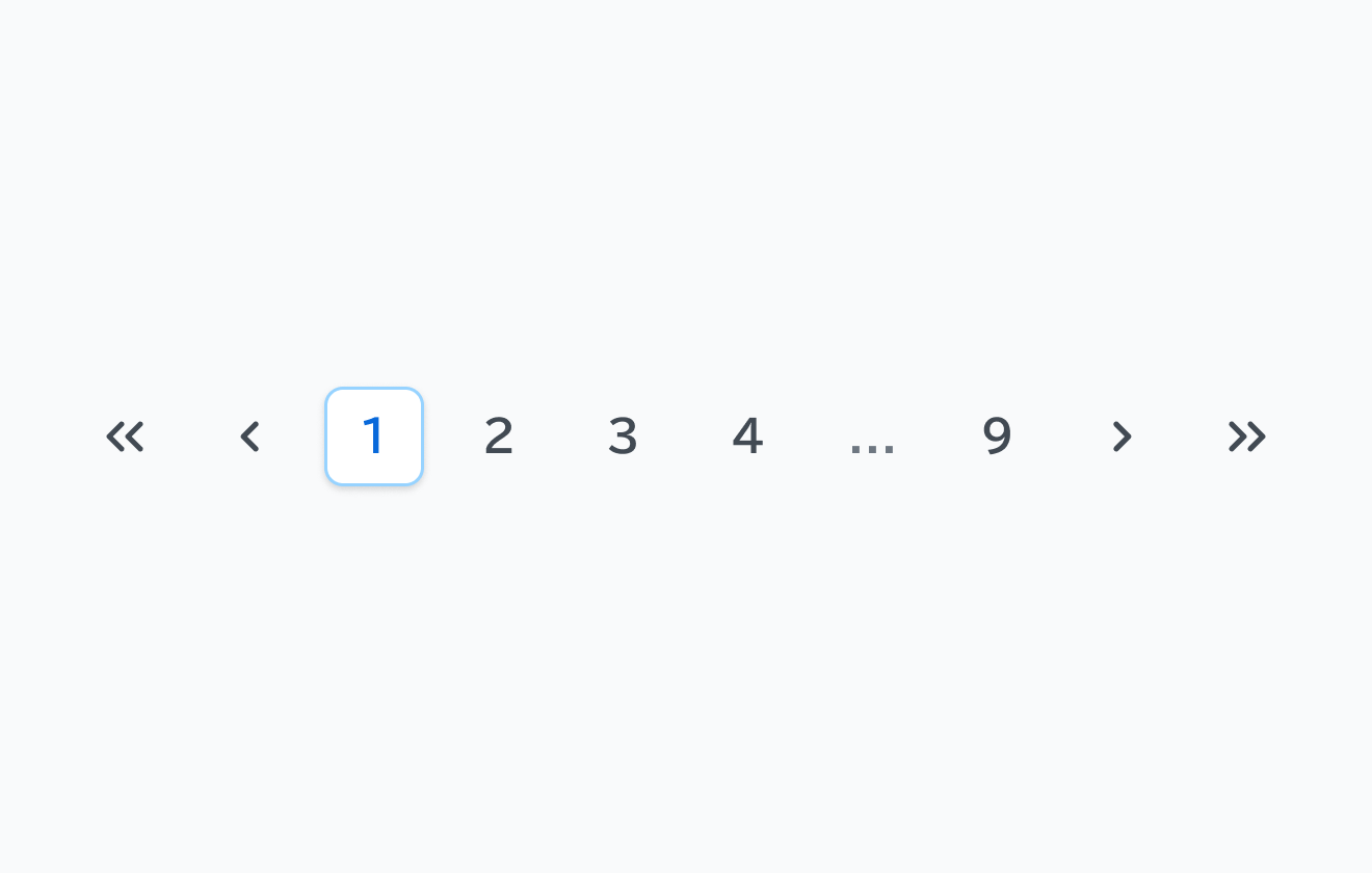 isEdgesおよびisPagesがTrueのPagination。「最初へ」と「前へ」の移動ボタン、1から4までのページ番号、中略を示す省略記号、最後のページ番号である9、そして「次へ」と「最後へ」の移動ボタンが順に表示されています。