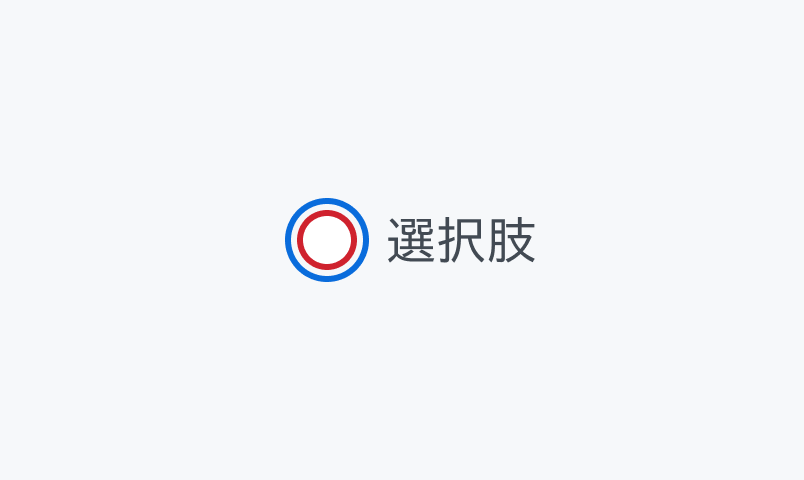 Invalid Focus状態のRadio。赤い枠線の円形のラジオボタンが青い枠線で囲まれ、「選択肢」というラベルが表示されています。
