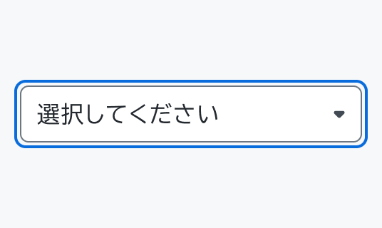 Focus状態のSelect。白背景でグレーの枠線のContainerの外側に青い枠線が表示されており、「選択してください」というプレースホルダーテキストと下向き矢印が表示されています。