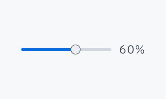 Hover状態のSlider。青いインジケーターが60%の位置まで伸び、グレーの円形のつまみがその右端に配置され、右側に「60%」というテキストが表示されています。