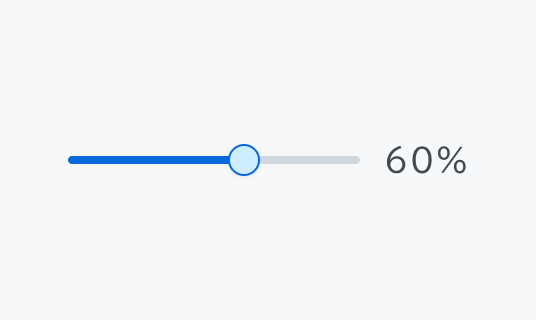 Active状態のSlider。青いインジケーターが60%の位置まで伸び、青い枠線で囲まれた薄い青色の円形のつまみがその右端に配置され、右側に「60%」というテキストが表示されています。