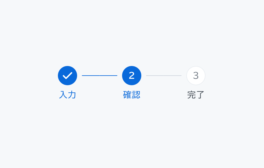 ステップ間の線の色変化を示す図。左から順に、青い円形に白いチェックマークが表示され下に「入力」というラベル、青い円形に白い「2」が表示され下に「確認」というラベル、白いの円形に「3」が表示され下に「完了」というラベルが配置されています。最初のステップと2番目のステップの間は青い線でつながれ、2番目と3番目の間はグレーの線でつながれています。