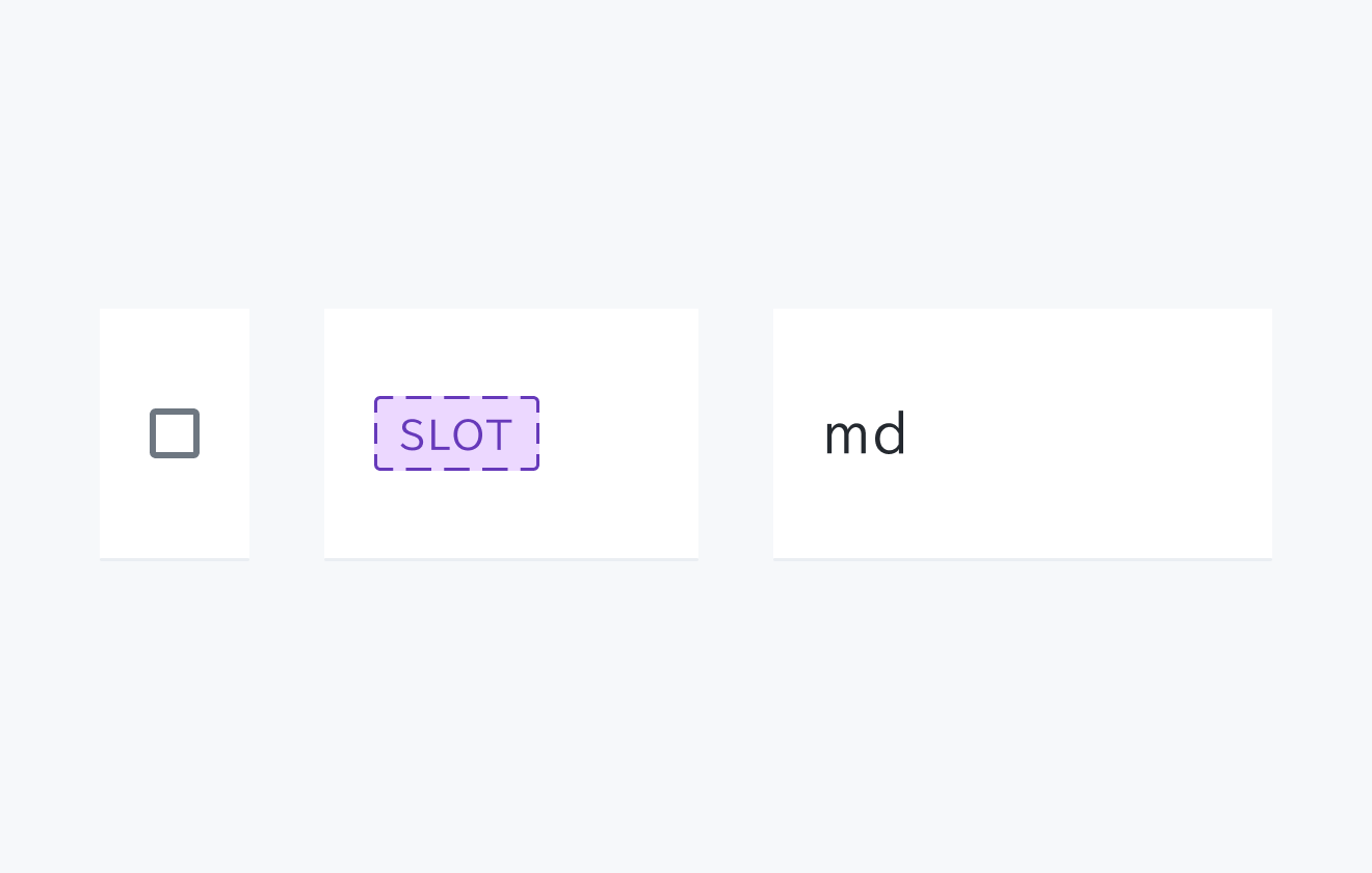 Size Mdの状態。左側にチェックボックス、中央に「SLOT」という紫色の枠線で囲まれたラベル、右側に「md」というテキストが表示されています。