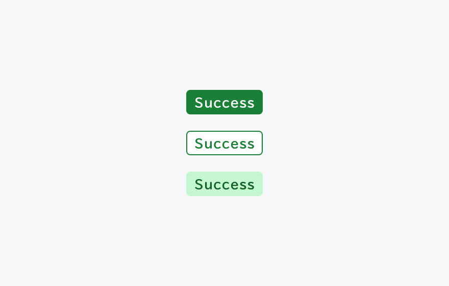 SuccessステータスのTag。緑色を基調としたSolid、Outline、Subtleの各バリエーションを示しています。