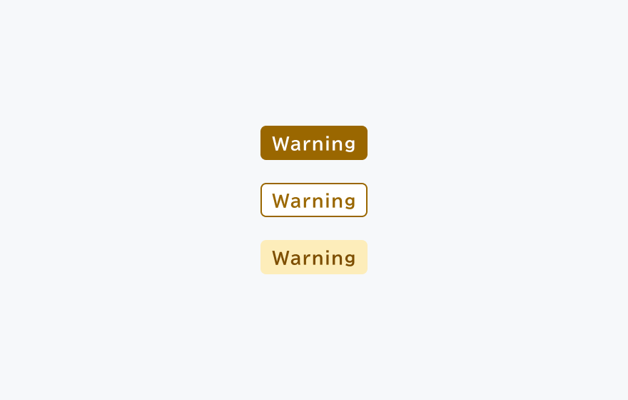 WarningステータスのTag。黄色を基調としたSolid、Outline、Subtleの各バリエーションを示しています。
